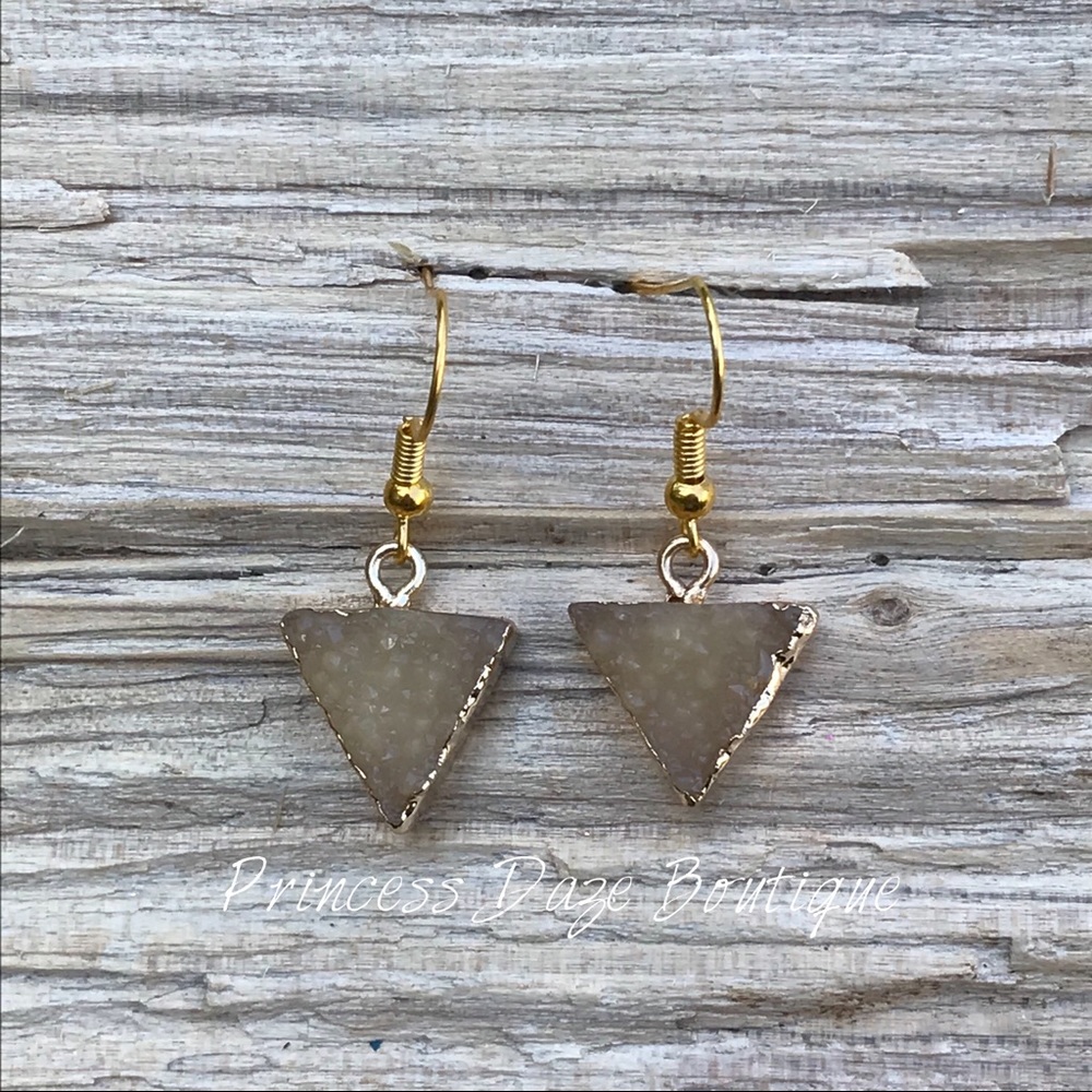 Gold Yellow Triangle Druzy Stone Dangle Earrings